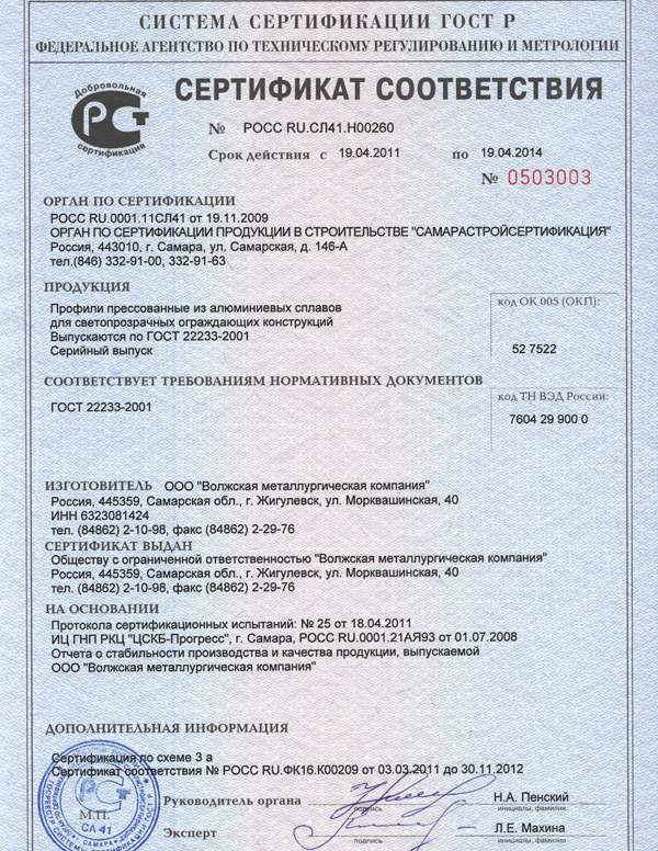 Сертификат соответствия по ГОСТ 22233-2001