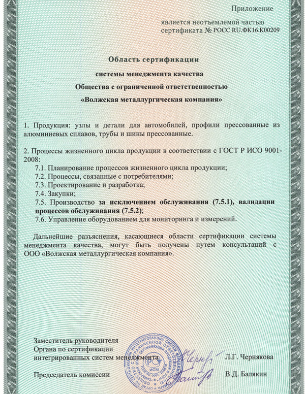 Приложение к сертификату соответствия по ГОСТ Р ИСО 9001-2008